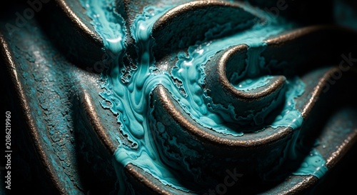 Teal and bronze abstract sculpture with swirling patterns and textures