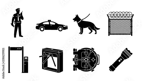 Foto Security Icons Vector Set: Police Officer, Patrol Car, Guard Dog, Fence, Metal Detector, Turnstile, Vault Door, Flashlight