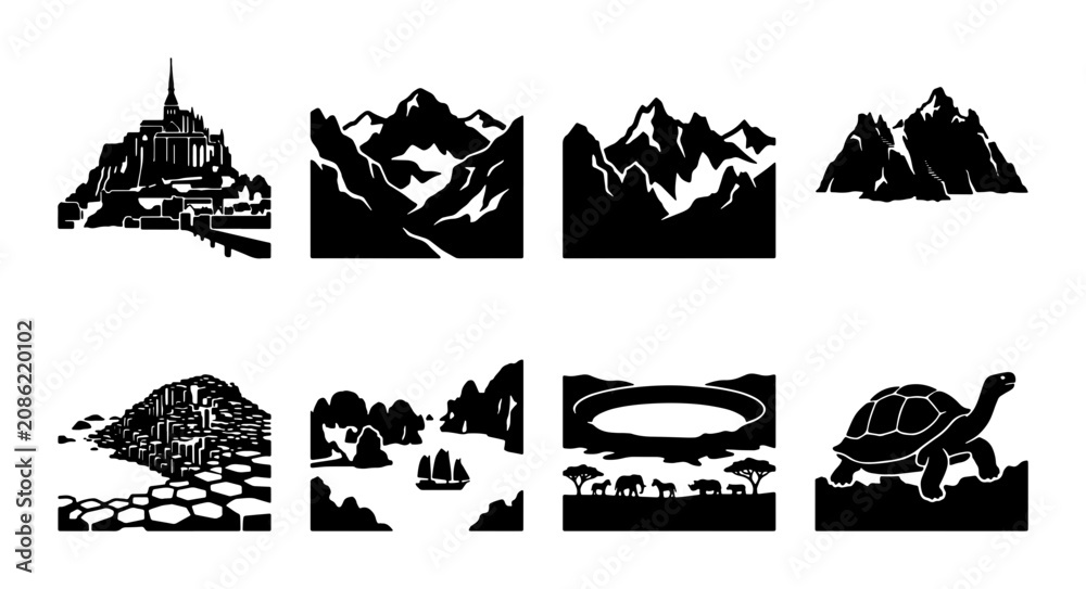 Obraz premium Vector Landscape Silhouettes Collection: Mountains, Castle, Savannah, Tortoise, and Coastal Scenery Icons
