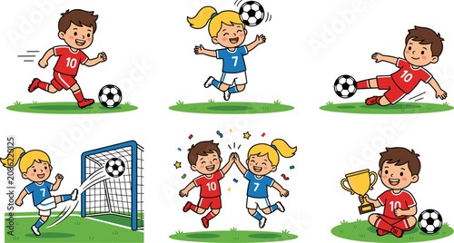 Kids soccer vector illustration set featuring cartoon boys and girls playing football running kicking heading scoring celebrating and holding gold trophy