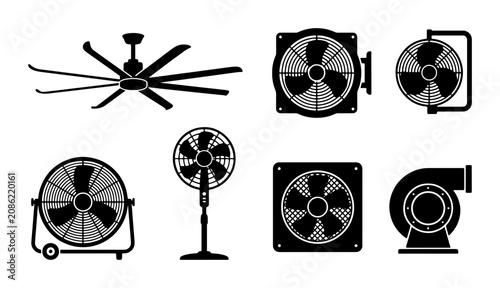 Foto Vector Fan Icons Set, Cooling Devices Collection, Air Circulation Appliances, Ve