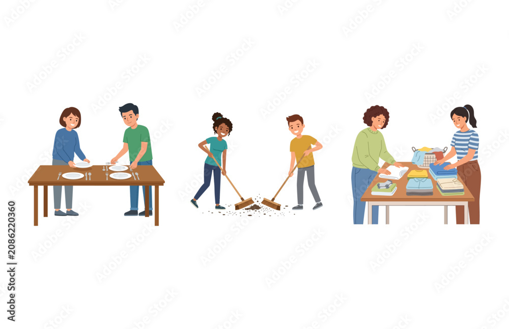 Fototapeta premium Diverse Group of People Collaborating Together on Various Household Chores and Cleaning Tasks