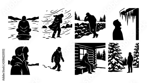 Winter Solitude Vector Icons: Cold Weather Survival, Isolation, and Contemplation Scenes