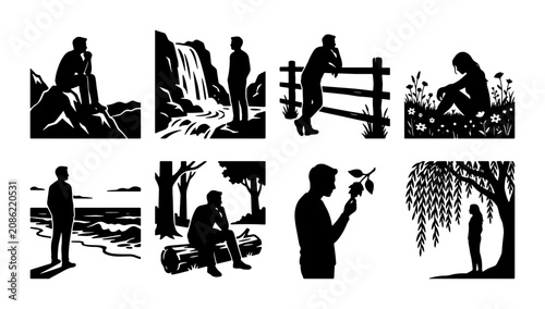 Canvastavla Contemplative Silhouettes: Solitary Figures in Nature, Pensive Poses, Reflective