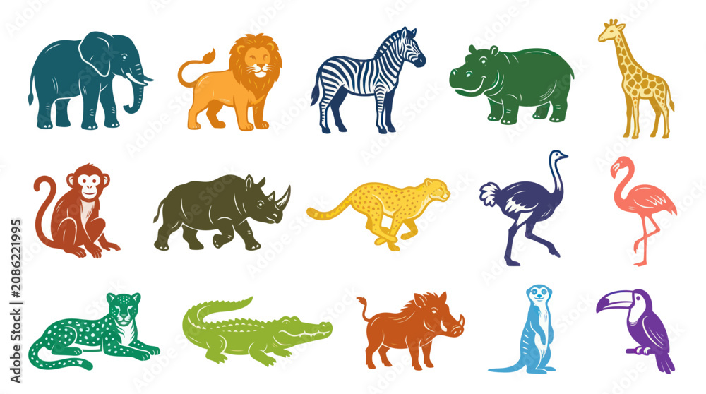 Fototapeta premium Wild Animals Vector Icons Set. Safari Wildlife Collection of Mammals, Birds and Reptiles in Flat Design Style.