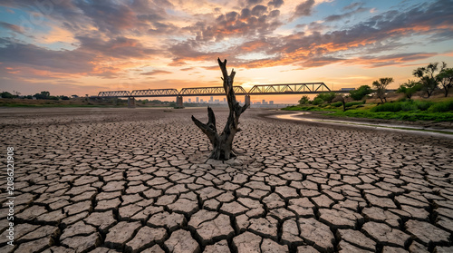 Wide landscape of cracked dry riverbed with dead tree during drought at sunset