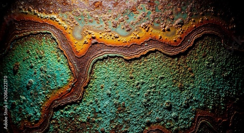 Closeup of rusty metal surface with green and orange hues