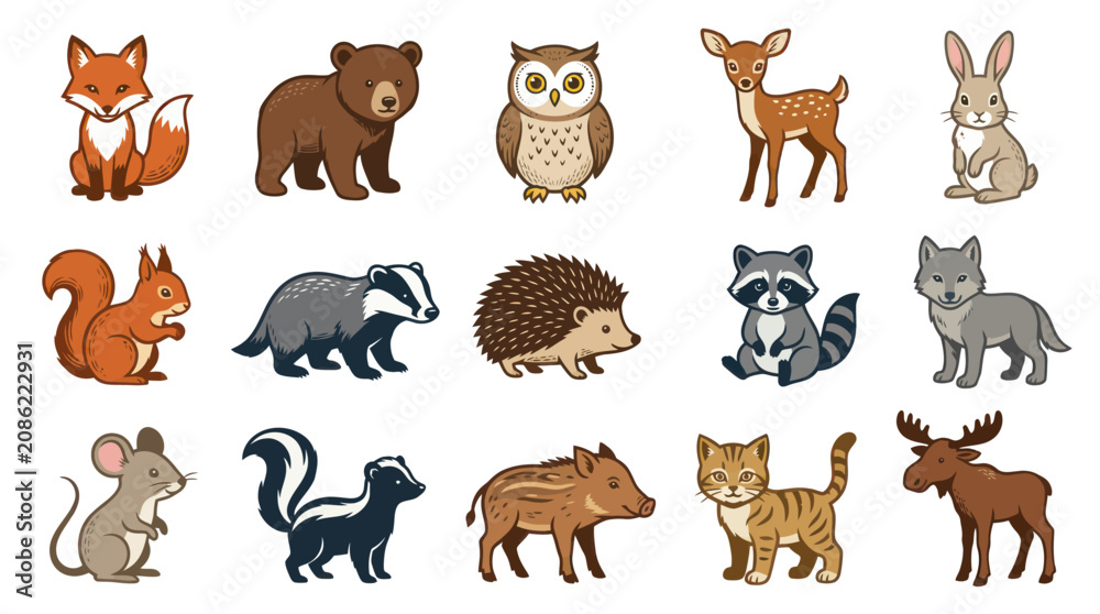 Obraz premium Adorable Cartoon Forest Animals Characters Vector Illustration Set. Cute Woodland Wildlife Mammals Collection