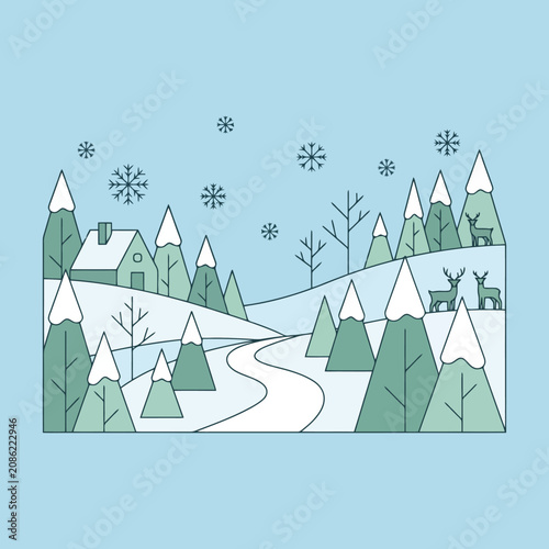 A peaceful winter landscape with deer and snow