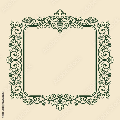 Vintage green floral frame with grape vine motifs