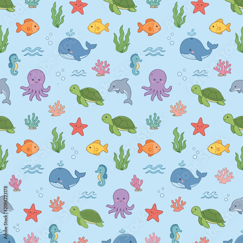 Cute seamless pattern featuring various colorful cartoon sea creatures