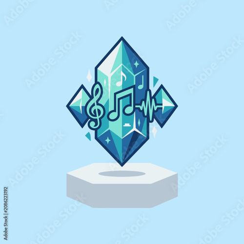 A glowing blue crystal featuring musical symbols on a pedestal