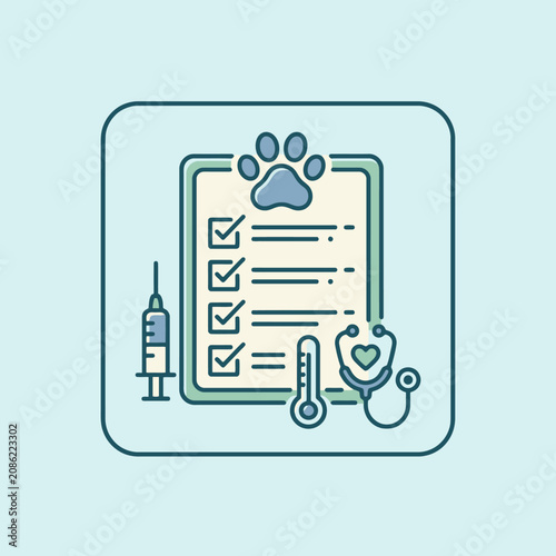 A veterinary medical checklist icon with pet health care tools