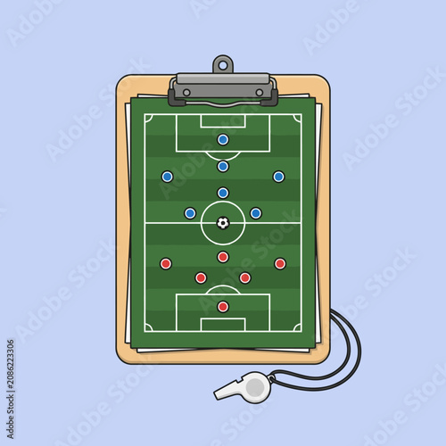Football game plan on a clipboard with a whistle for tactics