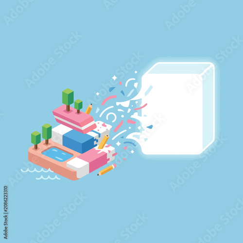 A colorful isometric island dissolving into a glowing white shape
