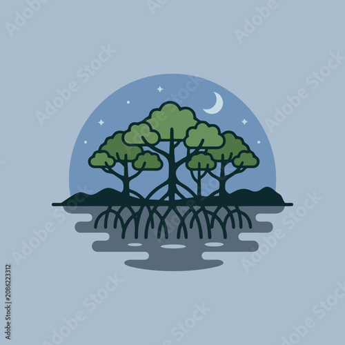 Mangrove trees grow in water under a crescent moon