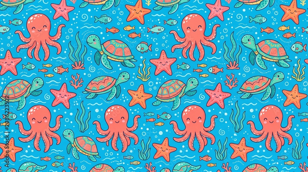 Naklejka premium vector seamless pattern with colorful Cute Funny Sea Creatures