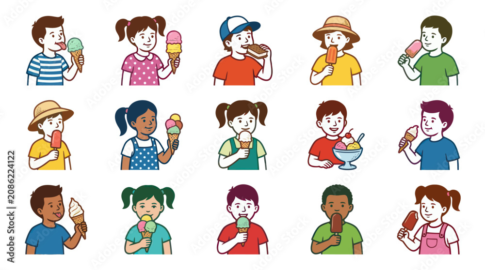 Fototapeta premium Flat Style Vector Illustration of Diverse Children Enjoying Ice Cream