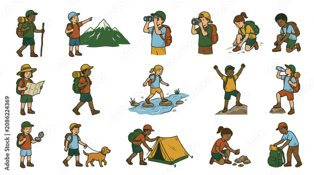 Fototapeta premium Children Camping Hiking Outdoor Adventure Activities Cartoon Vector Collection