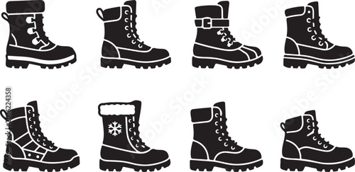 Black winter hiking boots with snowflake design collection Vector