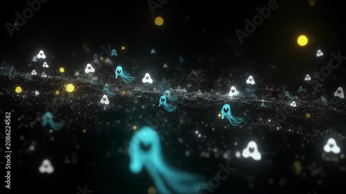 Abstract ghostly Halloween spirits and glowing particles seamless loop background