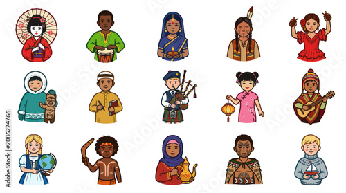 Global Diversity Cartoon Characters Collection. Flat Vector Illustration of Multicultural People and World Cultures.