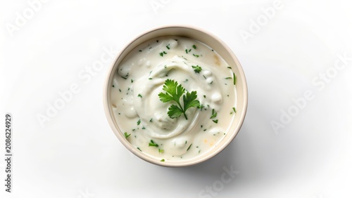 Top view of a paper cup with ranch dressing isolated on white background