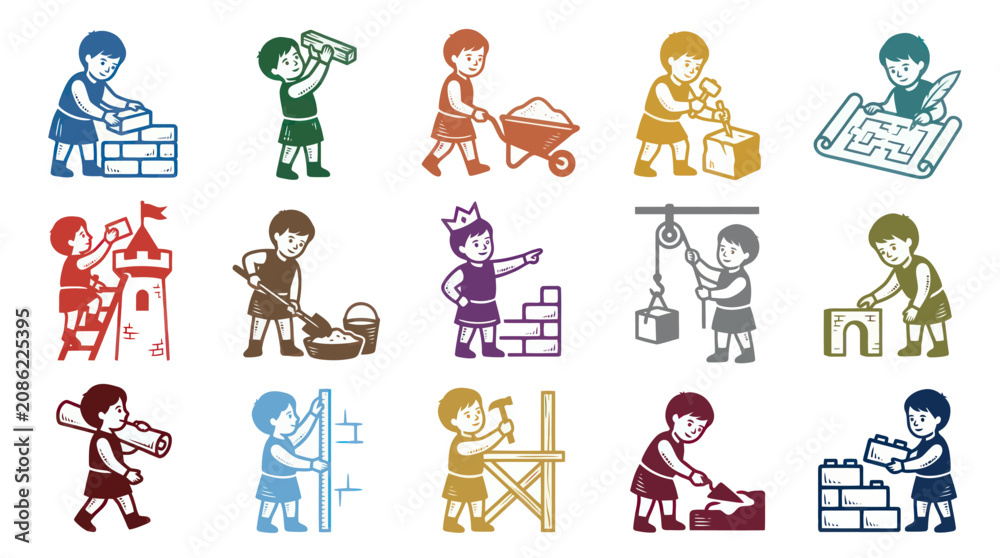 Fototapeta premium Children's Construction Play: Vintage Line Art Icons of Young Builders, Engineers Architects