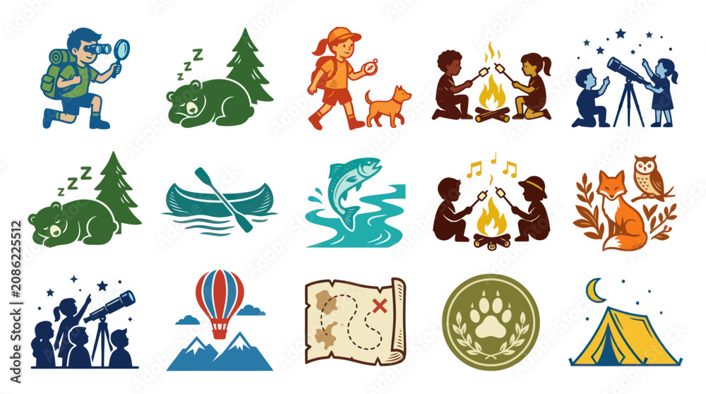 Obraz premium Retro Cartoon Vector Icons Collection: Outdoor Recreation Camping Adventure, Nature, Wildlife, Exploration