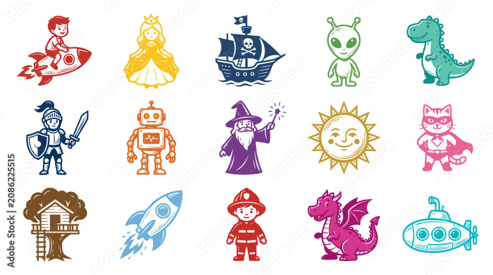 Fototapeta premium Colorful Cartoon Vector Set of Children's Play Elements, Fantasy Characters and Imagination Icons