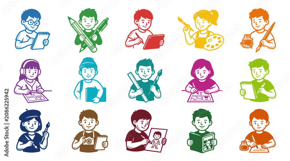 Obraz premium Children cartoon drawing, painting, and art supplies, vector icons, flat style