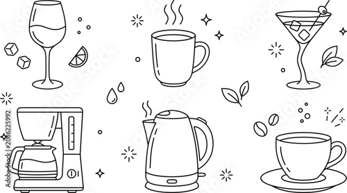 Foto Beverage drinks and kitchen appliances icons set with wine glass coffee maker ke