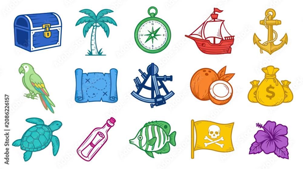 Obraz premium Colorful Cartoon Pirate Adventure and Tropical Island Elements Icons. Flat Illustrated Treasure Hunt Objects Set.