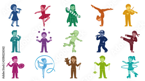 Kids Activities Icons Set: Music, Dance, Sports, Art, Performance