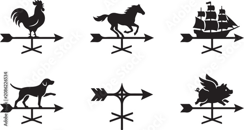 Tableau sur toile Black and white weather vane with animal and ship designs Vector