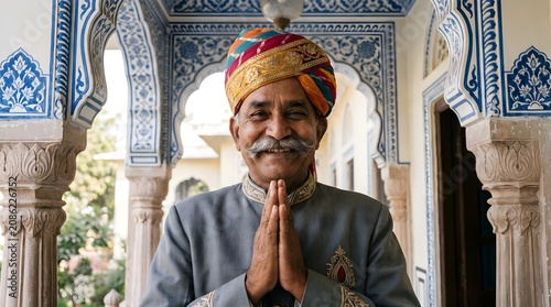 Welcoming Indian Man in Traditional Turban Doing Namaste