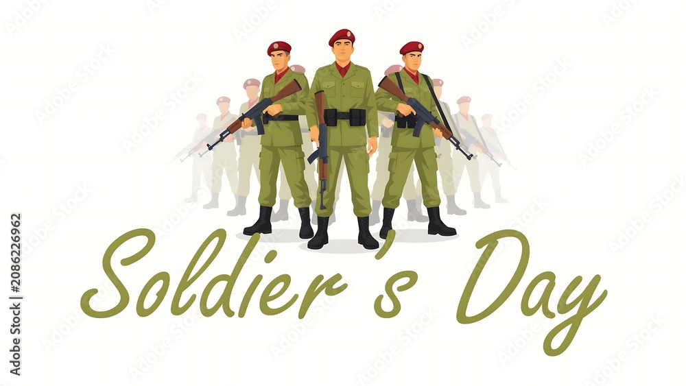 Fototapeta premium Soldier day celebration graphic featuring group of armed military personnel in uniform standing tall, military