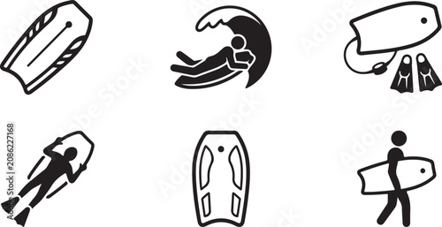 Bild auf Leinwand Six black and white icons of surfing and beach activities Vector