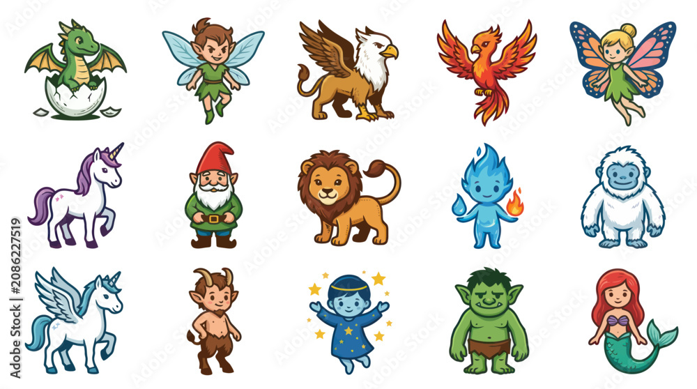 Obraz premium Fantasy Creatures Set: Dragon, Unicorn, Gnome, Mermaid, Fairy, Yeti, Lion