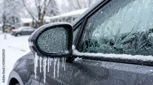 Close up of car side mirror covered in thick ice with icicles in winter