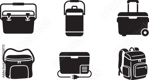 Obraz na płótnie Six black travel and cooler accessories flat icons set Vector