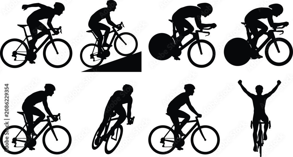 Obraz premium Cycling Silhouette Vector Set with Road Cyclists Racing Training and Victory Poses