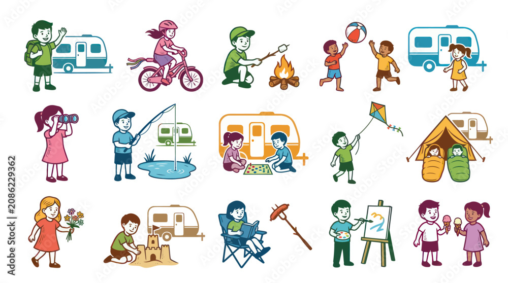 Fototapeta premium Happy Children Camping Activities Vector Illustrations
