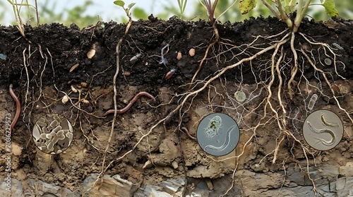 Cross section of healthy soil with plant roots and beneficial organisms