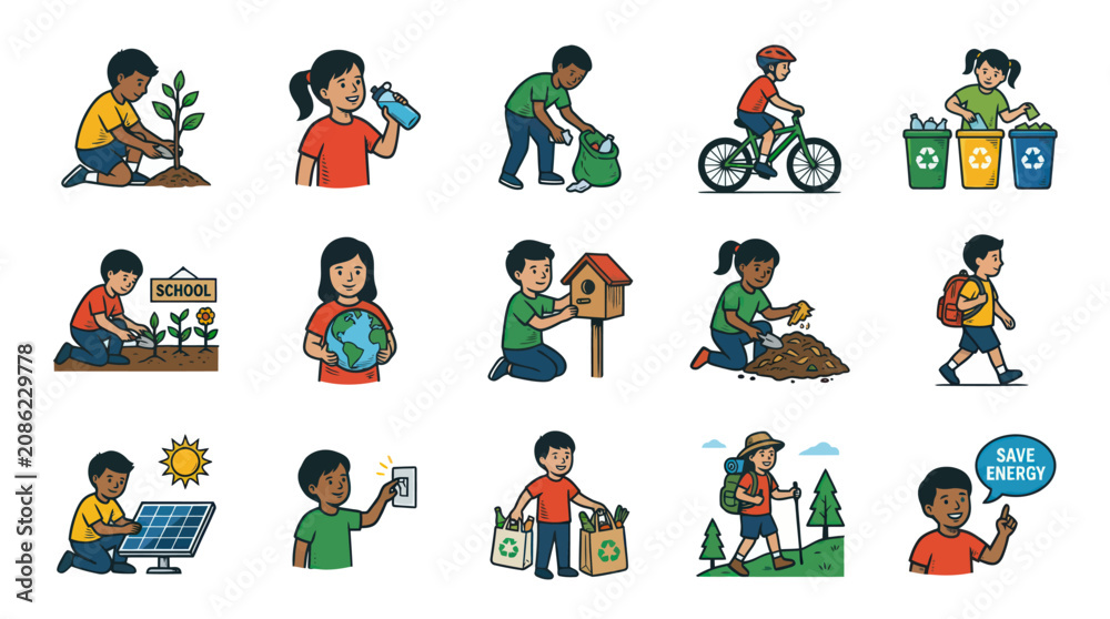Fototapeta premium Vector Cartoon Illustrations: Kids Promoting Environmental Protection, Sustainability Eco-Friendly Education.