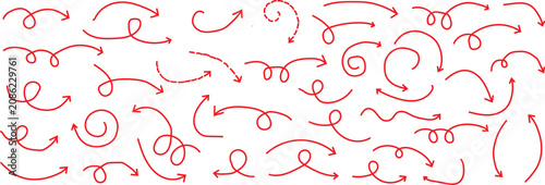 Set of hand drawn red arrows with various shapes and curvy lines for design elements