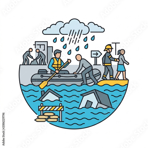 Obraz na plátně Teamwork and Rescue Illustration with People and Boat.