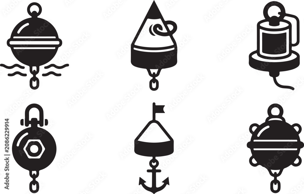 Naklejka premium Set of six nautical anchor and buoy icons in black and white Vector