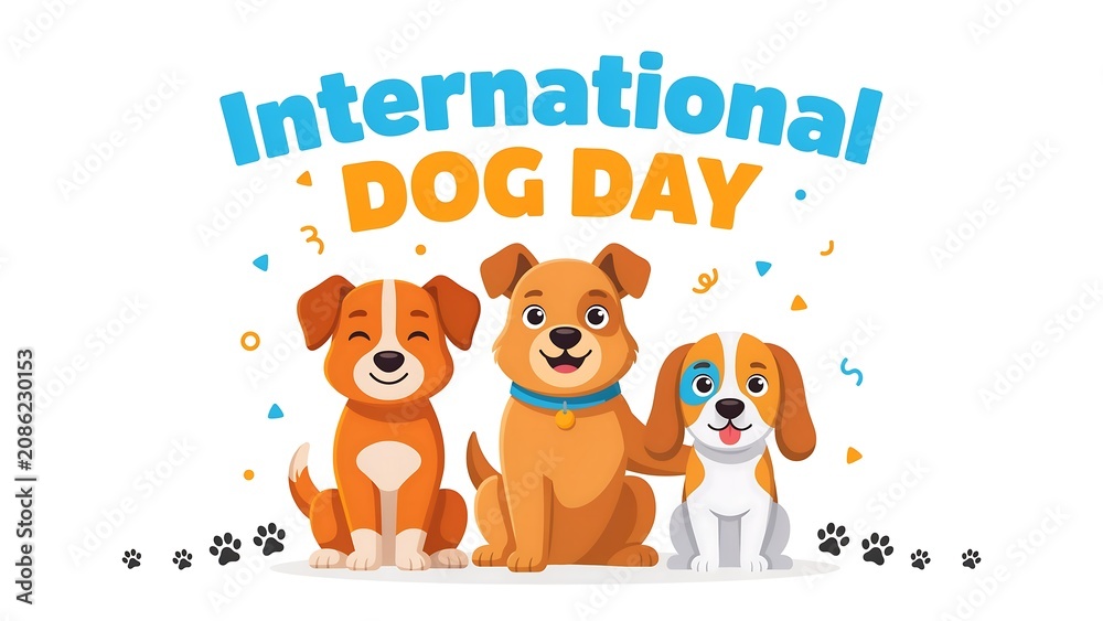 Obraz premium International dog day greeting with three happy puppies international celebration illustration confetti