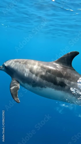 dolphin swimming in blue ocean water.